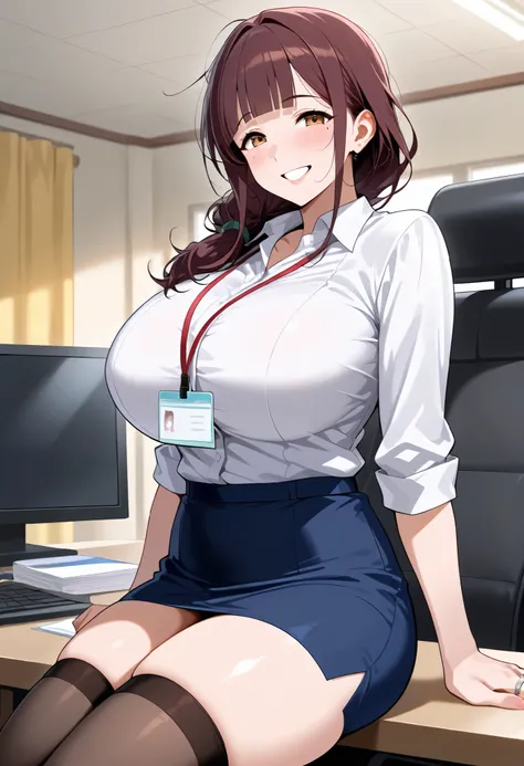 score_9, score_8_up, score_7_up, score_6_up, score_5_up, score_4_up,  source_anime, tag1, tag 2, quality_masterpiece, anatomically accurate, ((Big Breasts)),  thighs, mature female, house wife, milf, messy hair, ring,  Hair, blunt bangs, brown eyes, grin, ...