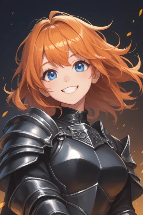 1girl, cute, strong, black knight, black armour, blue eyes, orange hair, smiling, happy 