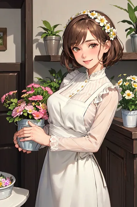 Only one female, /(  Stylishly dressed.  /) Florist Clerk、apron, mature woman, /(light brown hair/) bungs,  Friendly Blushing Smile , (My eyes are shining and I'm excited), ( Masterpiece Top Quality :1.2) delicate illustration super detailed, large breasts...