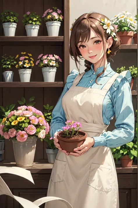 Only one female, /(  Stylishly dressed.  /) Florist Clerk、apron, mature woman, /(light brown hair/) bungs,  Friendly Blushing Smile , (My eyes are shining and I'm excited), ( Masterpiece Top Quality :1.2) delicate illustration super detailed, large breasts...