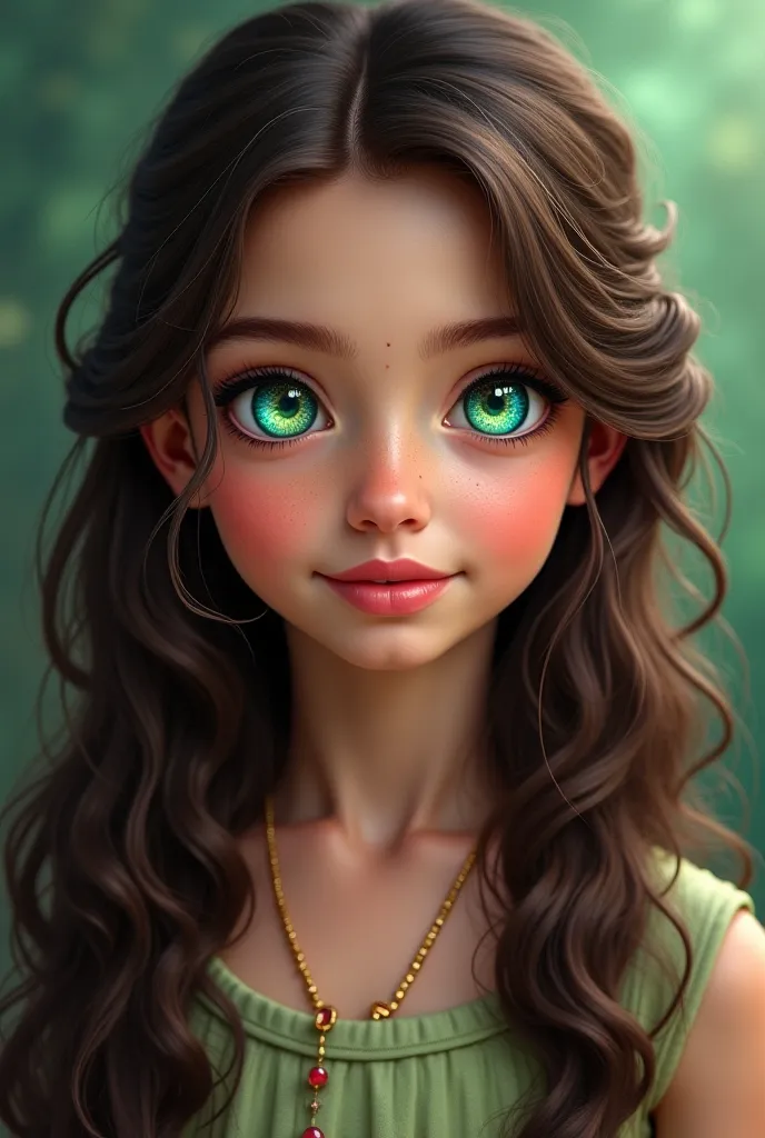 Imagine a portrait of a young, enchanting princess. Her long, dark brown hair cascades in soft, luxurious waves all the way down to her lower back, exuding an almost magical quality. Her eyes are strikingly unique—one eye shines a vibrant green, while the ...