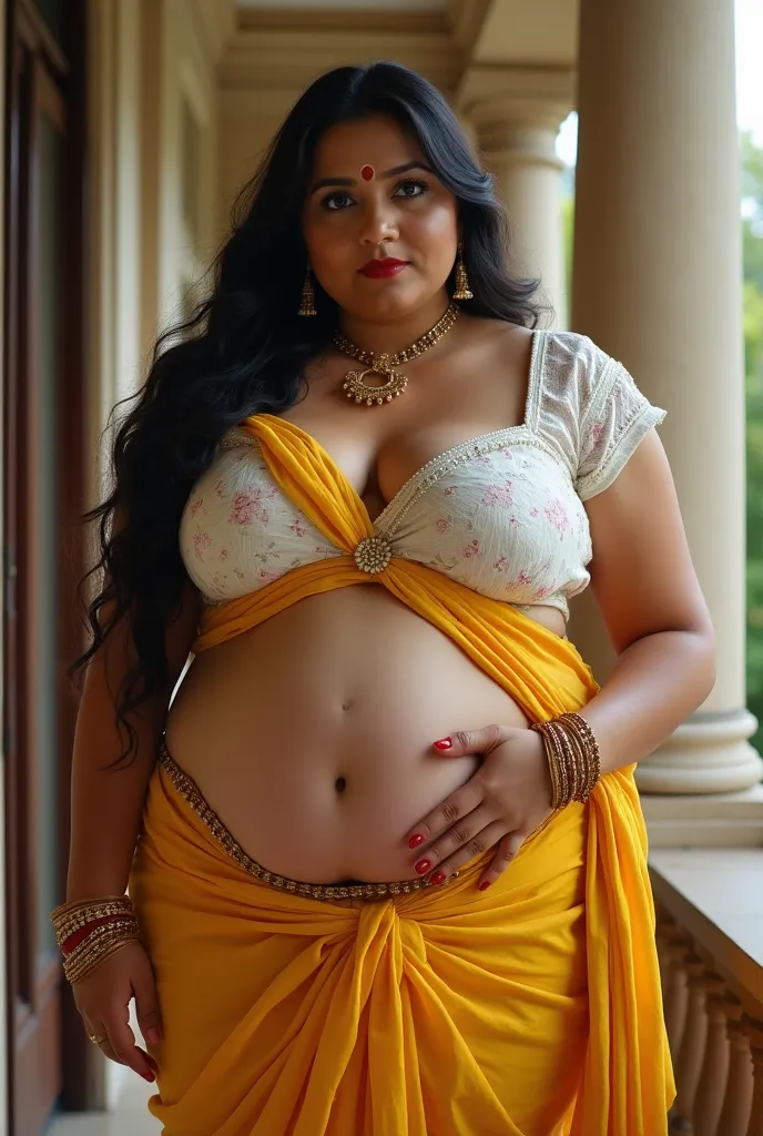 Most beautiful attractive  plus size sexy curvy mommy aunty ,plus size indian mother with most beautiful face and eyes wearing white floral blouse and yellow saree ,  saree having hands and wrists  in bondage of  gold shackles with the pillars of balcony ,...