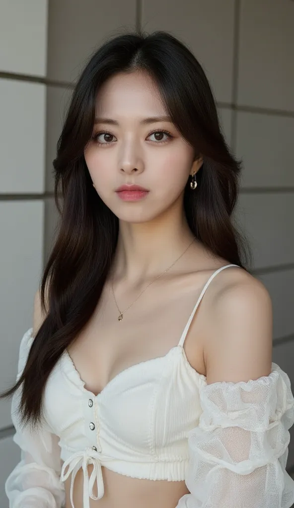 32K, Masterpiece, top quality, (Beautiful Korean women)  line background, wearing a transparent stringed sweatshirt exposing her breasts, real skin