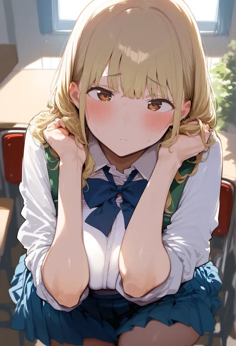  điểm _9, điểm _8_ lên , điểm _7_ lên , one girl, blonde hair, brown eyes, big boobs, high school girl, blue school uniform, stand in class, blush, shy