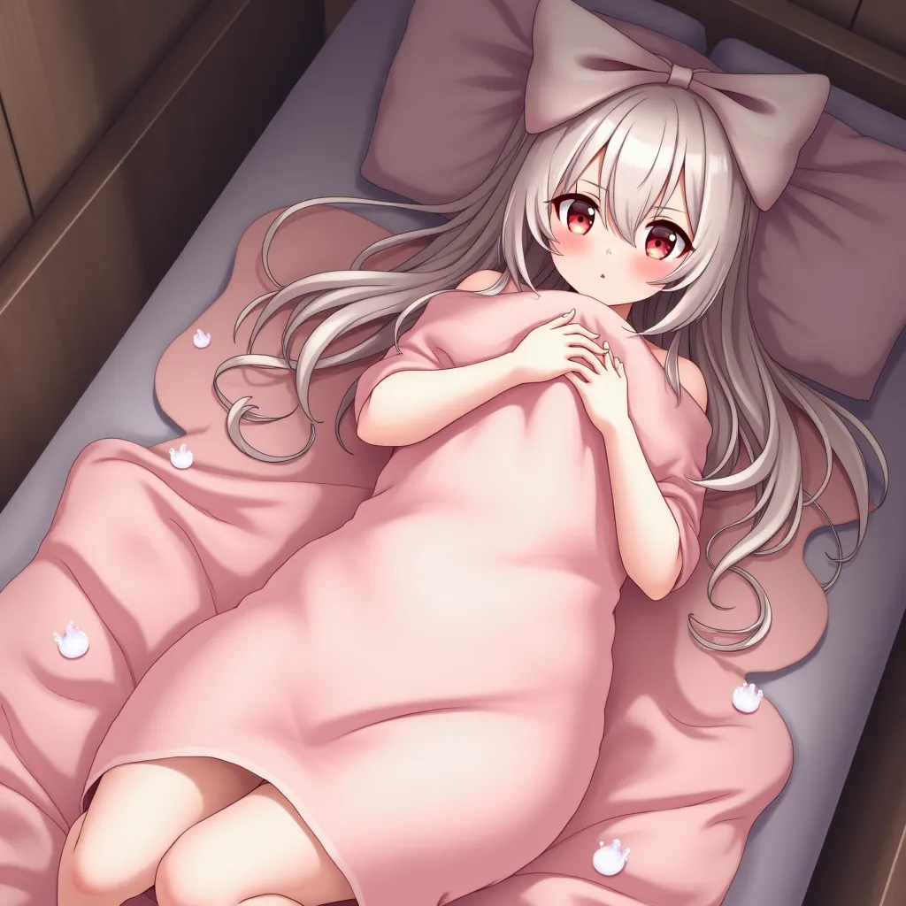 Hot anime girl, ,  lies on the bed in a sexy position ,  completely covered by a Pink blanket ,  her head and body under a warm blanket,  long hair stick out of the blanket ,  cramped room,  legs and arms bulge out of the blanket , soft bed , naked,  a lar...