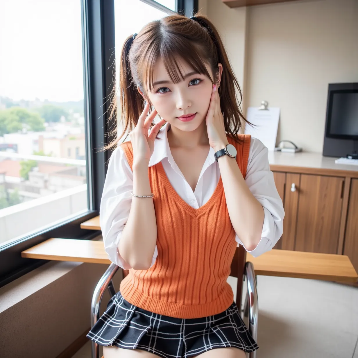 (( black plaid skirt ,orange long sleeve sweater vest with white shirt,)),((full body)),8K wallpaper,((blonde hair)), hair that flutters in the wind, hair hanging over shoulders, ((short ponytail in a transparent box)),((Sit on a chair, place your elbows o...