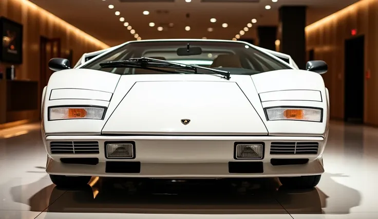 "A luxurious, camera (Lamborghini countach 1981 ) with a bold, featuring a (white) shiny polished exterior. In the (front) view, the car  front is highlighted, showcasing a custom (front) with an aggressive design. The features a prominent (Lamborghini) lo...