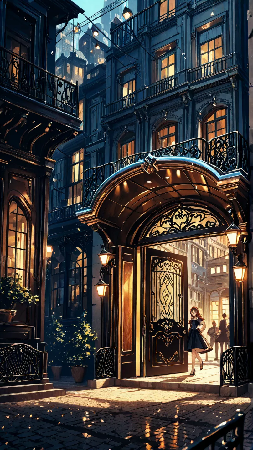 A splendid door with a retro gate、It looks like a skeleton is dancing、Electro swing atmosphere、cityscape、Stylish scenery、classical style、