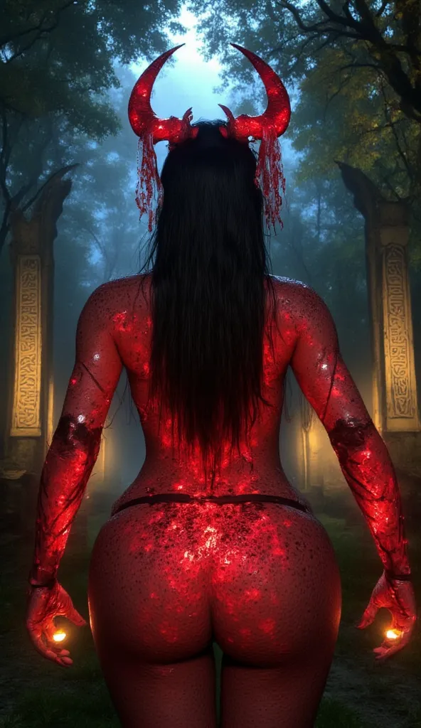  Shot in a forest. Well lit setting, backview shot of Red skin girl looking back at viewer. Full face visible. Long black hair. Huge naked ass visible. Ancient writing glowing red ruins. big red glowing horns . Eye contact, looking back at the viewer. 