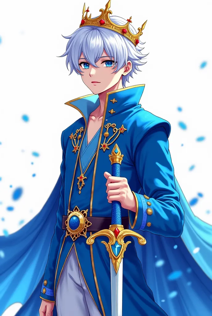  style in anime style: A age prince in blue clothes, white hair, blue iris eyes, golden crown, and a sword.  The background is white .