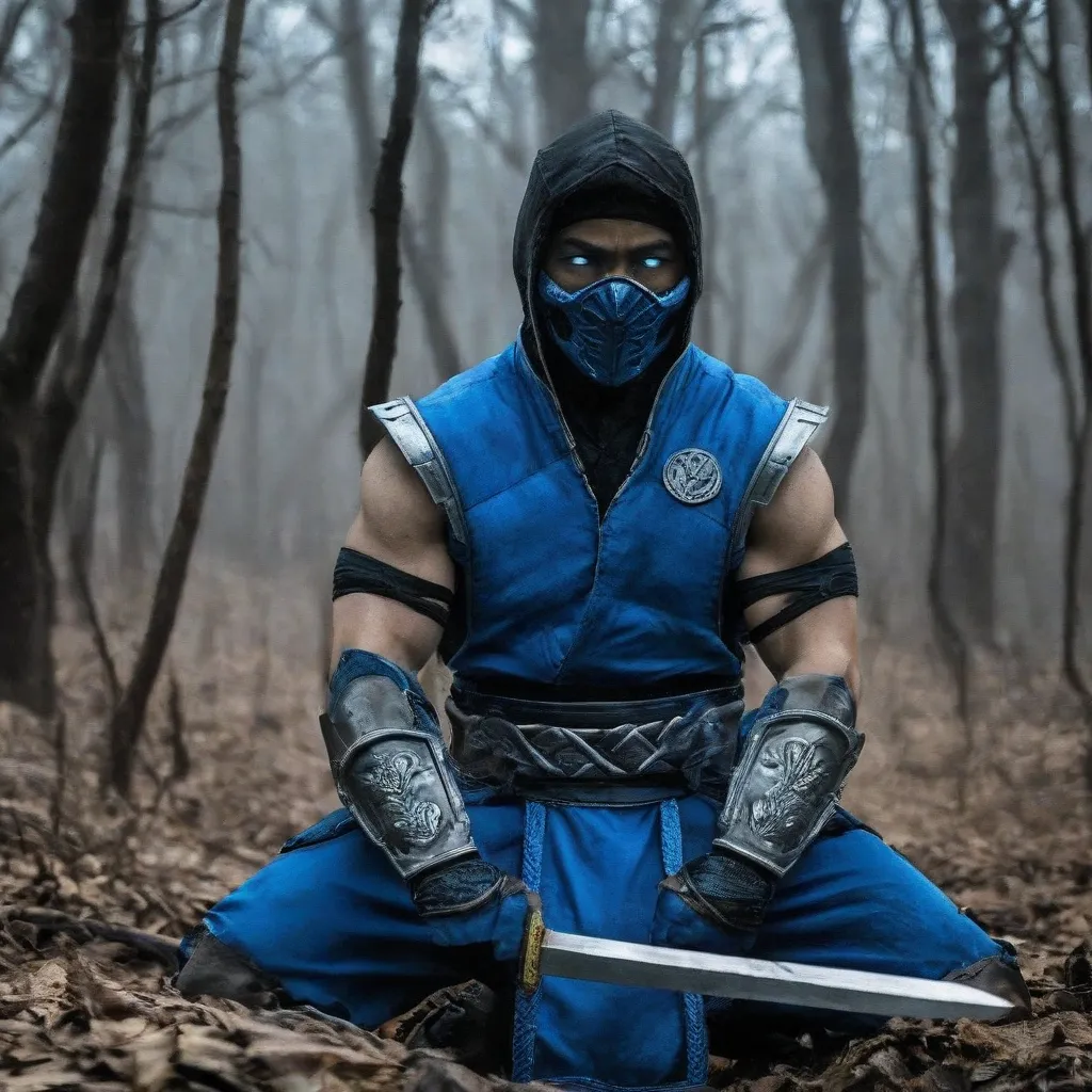 Horror theme,  um bebê de 3 meses caracterizado como Subzero
Mortal Kombat style, fictional universe consisting of numerous kingdoms, Subzero,kuai liang,tundra, blue clothes,LK-520 ,a man in a  blue clothes holding a knife,Alone,blue eyes,1 boy,arm,Focus 3...