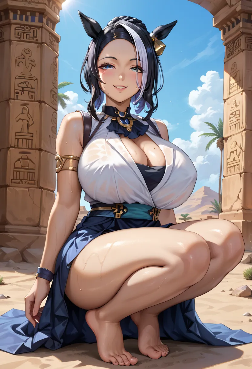 1girl,Mejiro Ramonu,rmnsd, horse girl, multicolored hair, braided bun, streaked hair, ear ornament, mole under eye, thick thighs,gigantic breasts,barefoot, solo, masterpiece, gleaming skin, super detailed skin, shiny hair, glamorous, seductive smile,steam,...