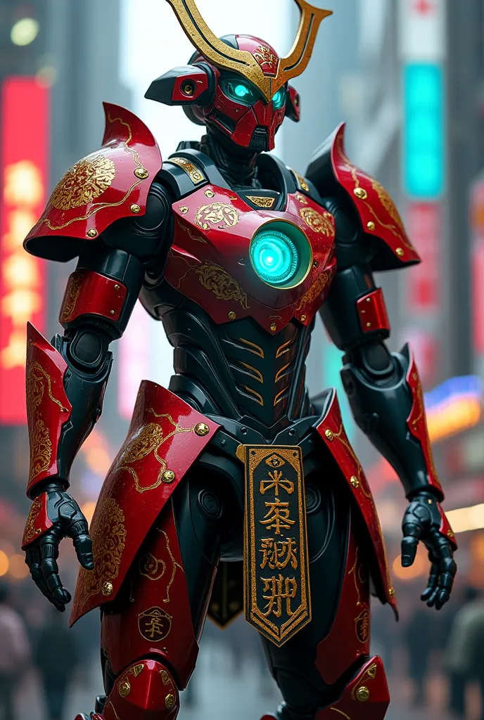 A futuristic mecha warrior inspired by traditional Japanese samurai armor, featuring sleek, aerodynamic plating with a metallic red and black color scheme. The robot stands tall with an imposing yet elegant stance, adorned with intricate golden engravings ...