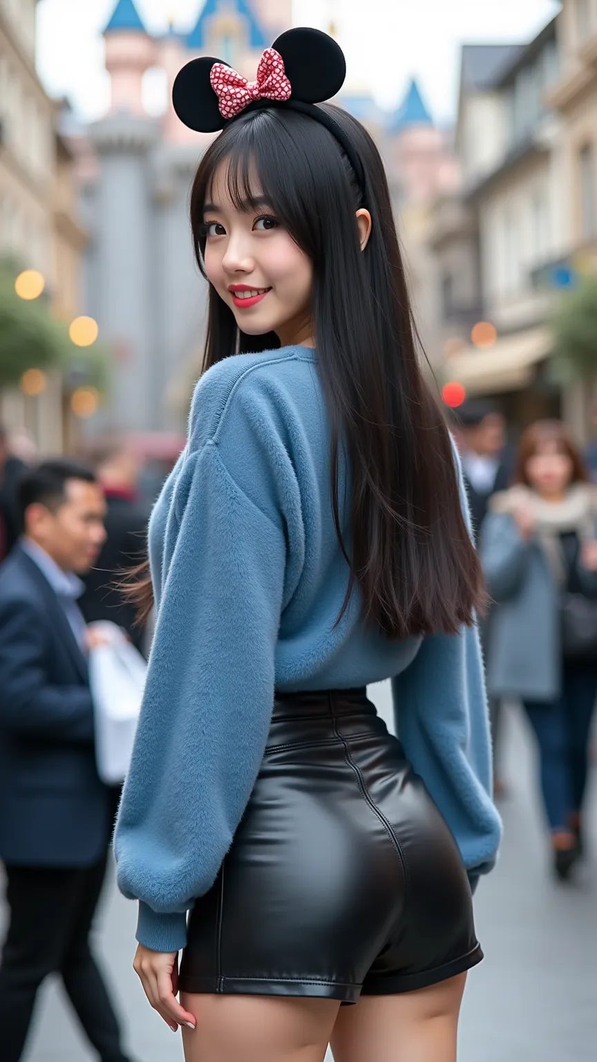 angle from back,full body,Have fun at Disneyland,21-year-old Japanese woman sticking out her butt,japanese,Korean style beauty,Young face,Xiaoyan,Transparency,pure white skin,gray eyes,cute,idol,Idol,portrait,model,straight long hair,tight bangs,glossy bla...