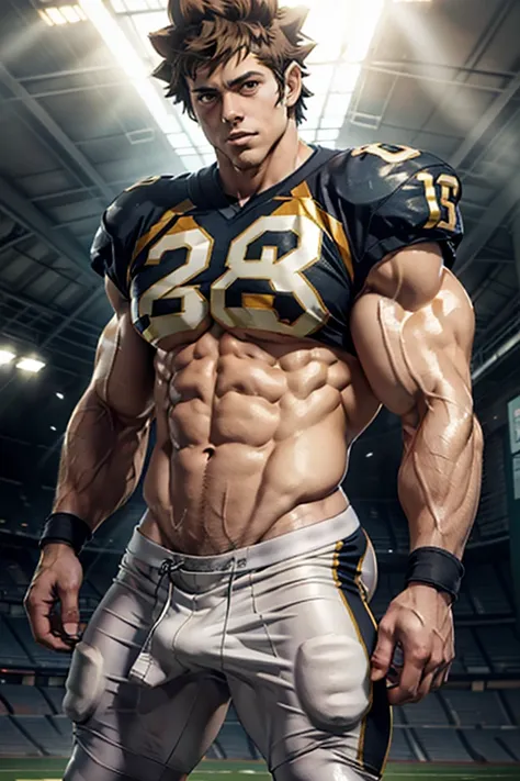  solo, 1boy, Tall, Handsome, Muscular, very masculine, broad shoulders, bare muscles, shredded muscles, wearing football uniform, Sawada Tsuna