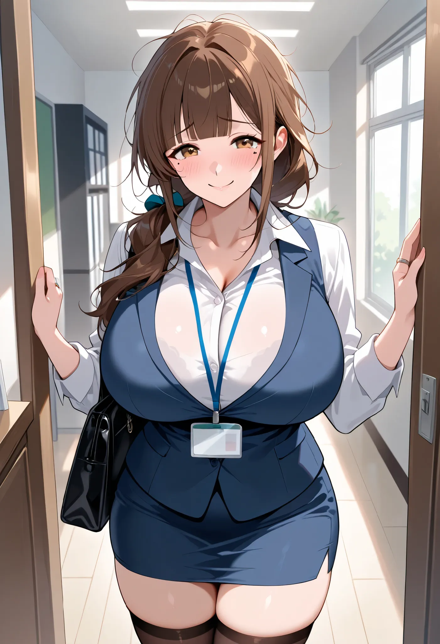 score_9, score_8_up, score_7_up, score_6_up, score_5_up, score_4_up,  source_anime, tag1, tag 2, quality_masterpiece, anatomically accurate, ((Big Breasts)),  thighs, mature female, house wife, milf, messy hair, ring,  Hair, blunt bangs, brown eyes, Sad sm...