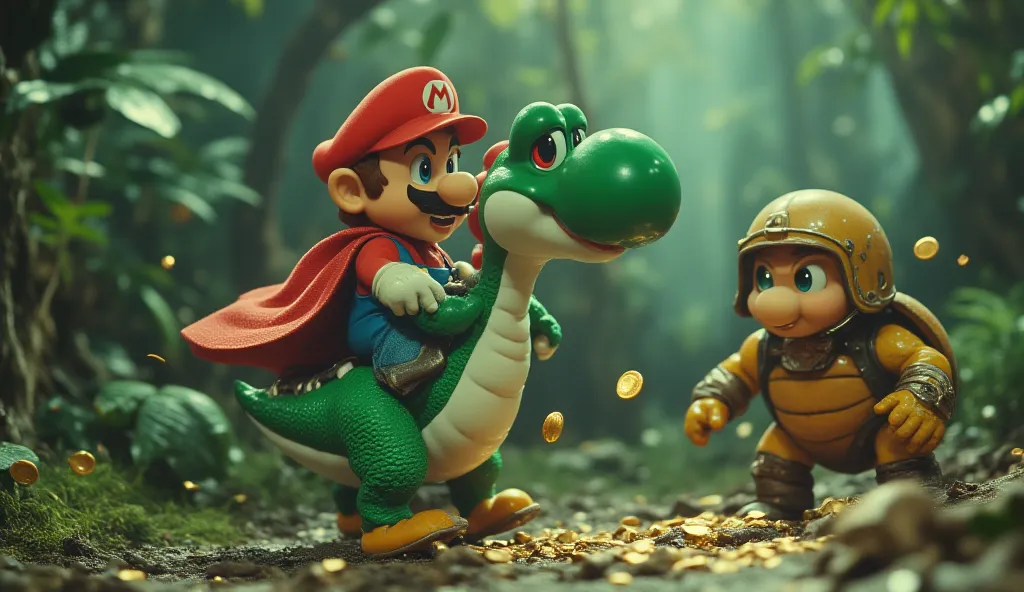 "A realistic rendition of a scene inspired by Super Mario World, designed with the aesthetics of a 1950s Super Panavision 70mm film. The image showcases a lush jungle environment with deep green foliage, softly illuminated by diffused golden light, evoking...