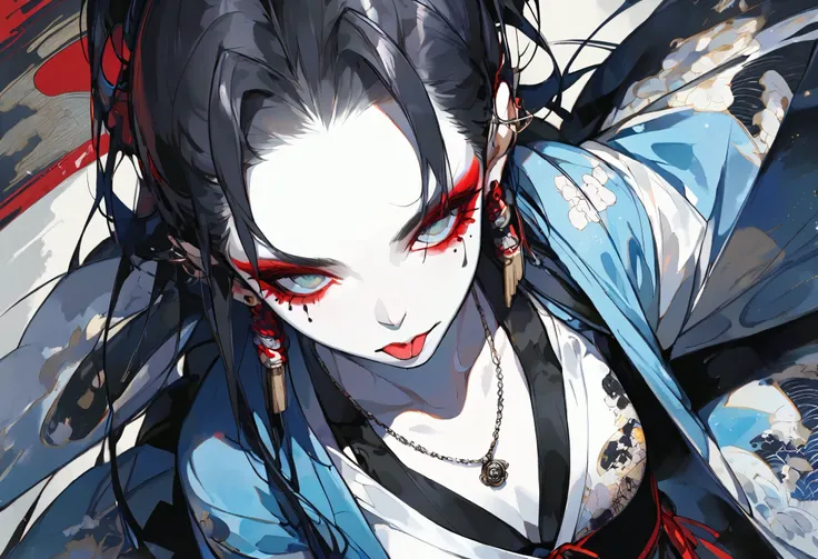 (((Ink painting))), (((from above))), ((( female 1 person))), (((Japanese pattern t-shirt))), (((punk))), ((( Very heavy makeup ))), (((Japanese patterned swimsuit))), (((Japanese patterned haori))), necklace with studs, Japanese style headphones, face up...