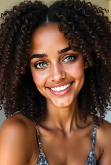 Create a charismatic and captivating digital influencer, instantly recognizable by her striking green eyes and voluminous curls. Her natural beauty and bright smile make her stand out, and she radiates confidence with her authentic, approachable style. Kno...