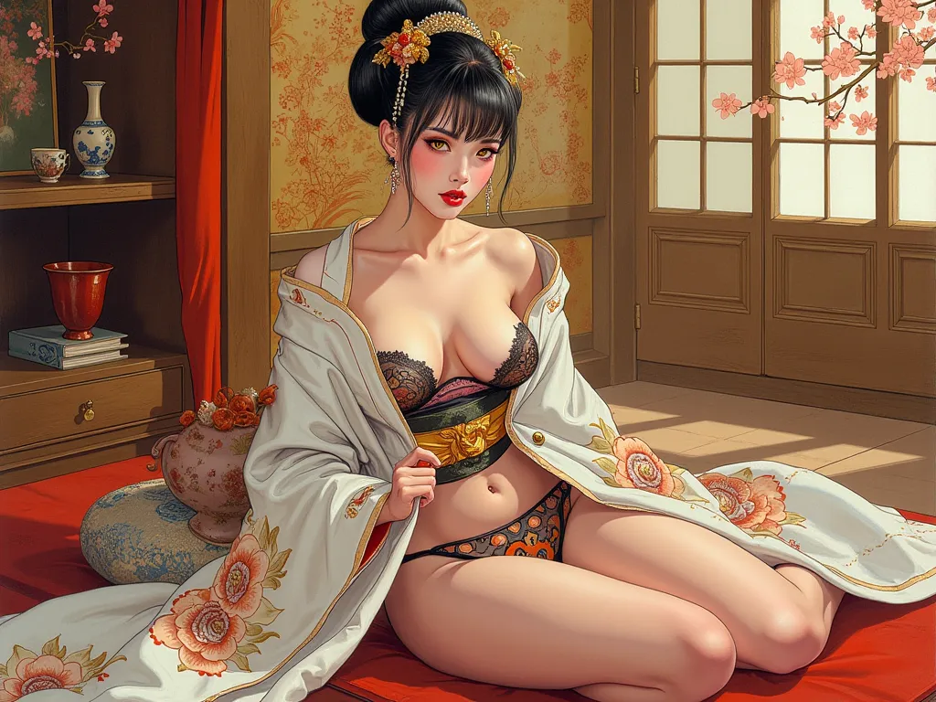 the proportions and detailed textures multicolored brushwork and softened with airbrush, semi-realism ink china illustration A young traditional geisha is shown sitting on a cushion in traditional Japanese clothing, a kimono where white tones predominate, ...