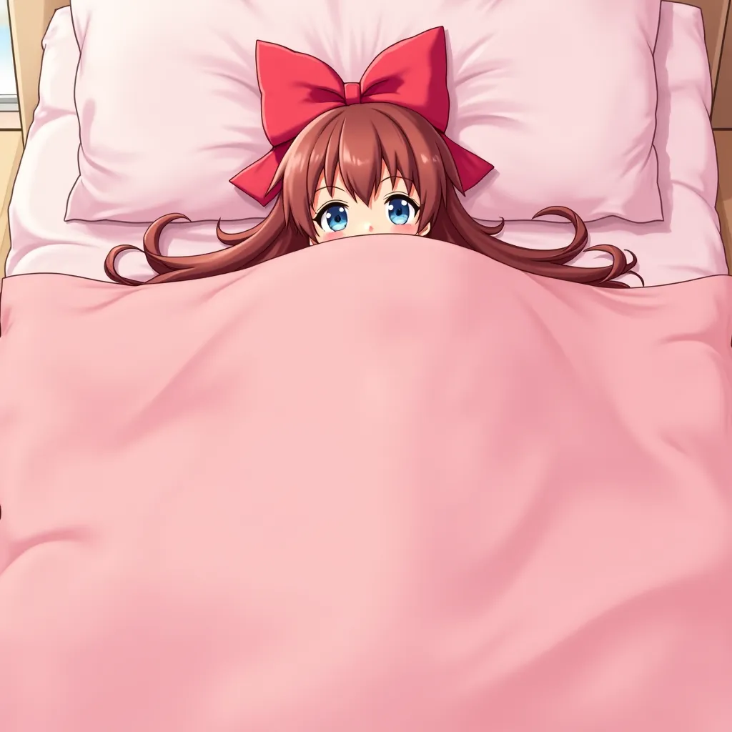 Hot anime girl, ,  lies on the bed in a sexy position ,  completely covered by a Pink blanket ,  her head and body under a warm blanket,  long hair stick out of the blanket , legs and arms bulge out of the blanket , soft bed , naked,  a large bow on her he...