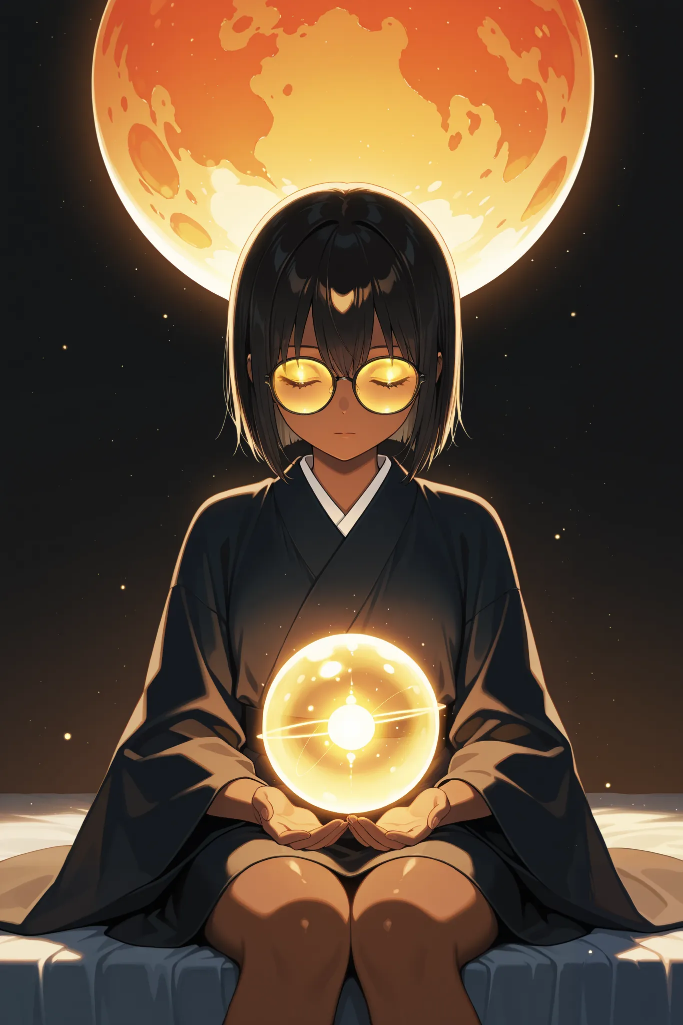 ((1girl)), anime, short dark hair, dark skin, shiny glasses lenses, mouth closed and expressionless, sitting, with her hands holding a glowing orb while two other glowing spheres orbit around her.