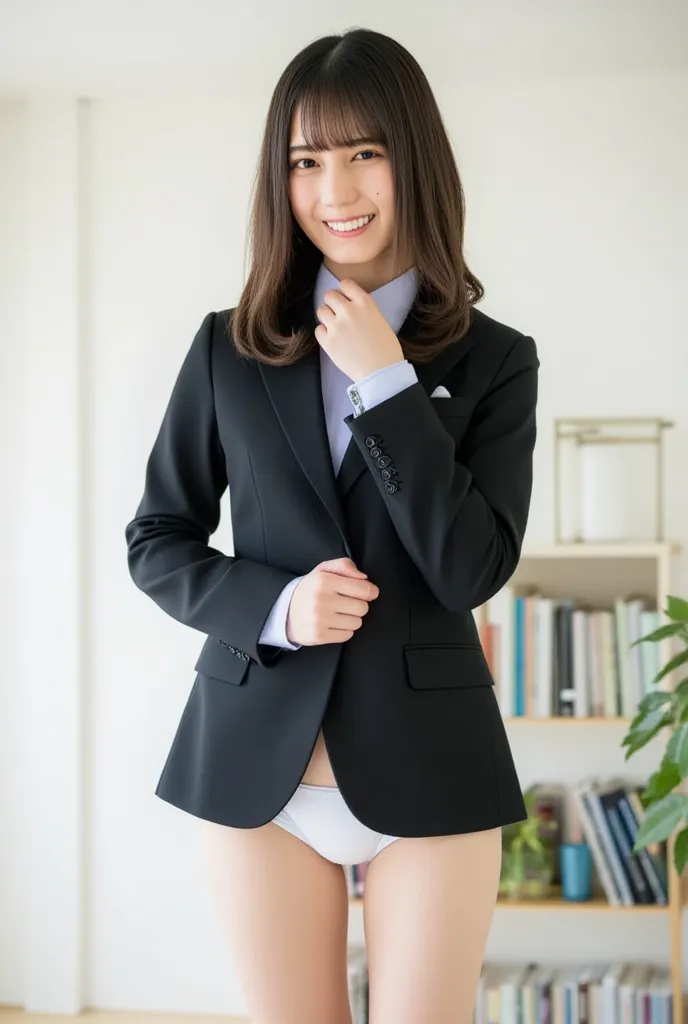 High quality images of cute Japanese women、one beautiful woman、looking at camera、smile、The upper body is a black single suit、I'm tightening my tie、I only wear underwear on my lower body、white panties、Beautiful white thighs、