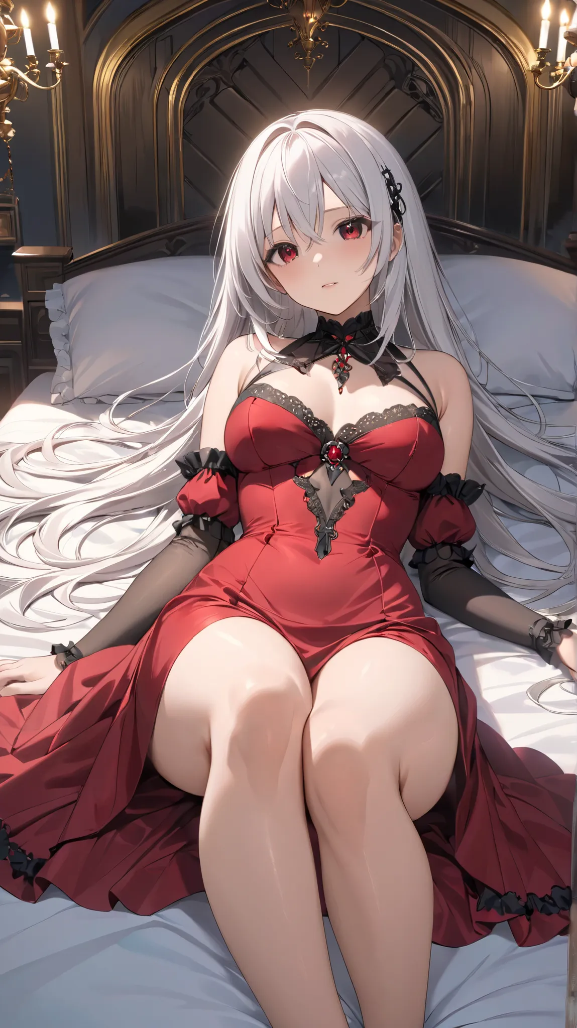 (Top Quality,  masterpiece,  super precise, High Resolution), 8k,  Anatomically Accurate Body, Nightcore, gothic maiden anime girl lying on her back in bed, White-haired goddess, beautiful charming anime woman, beautiful face, perfect face, 非常に詳細なbeautiful...