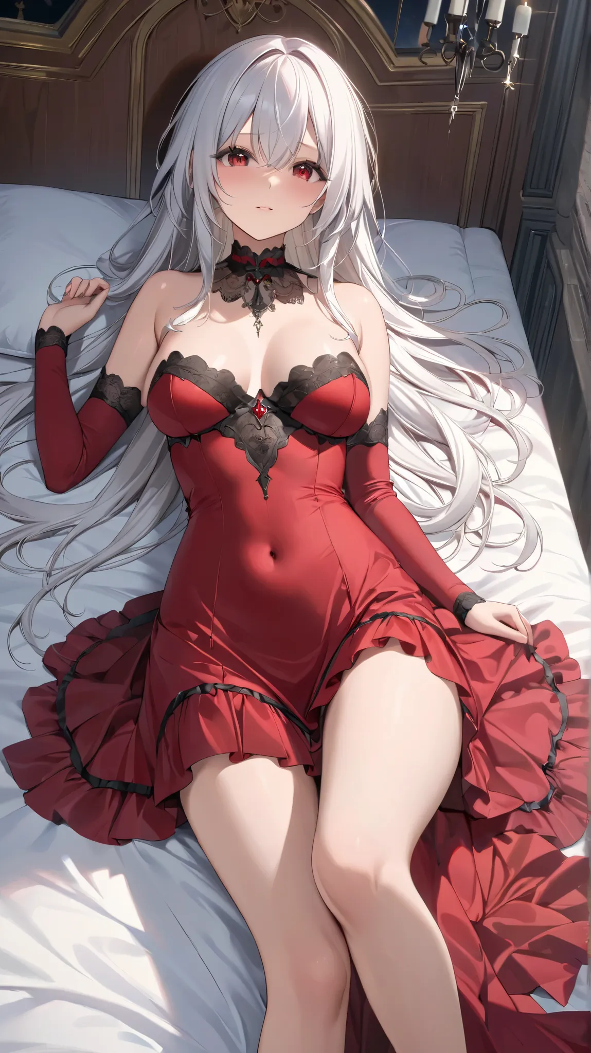 (Top Quality,  masterpiece,  super precise, High Resolution), 8k,  Anatomically Accurate Body, Nightcore, gothic maiden anime girl lying on her back in bed, White-haired goddess, beautiful charming anime woman, beautiful face, perfect face, 非常に詳細なbeautiful...