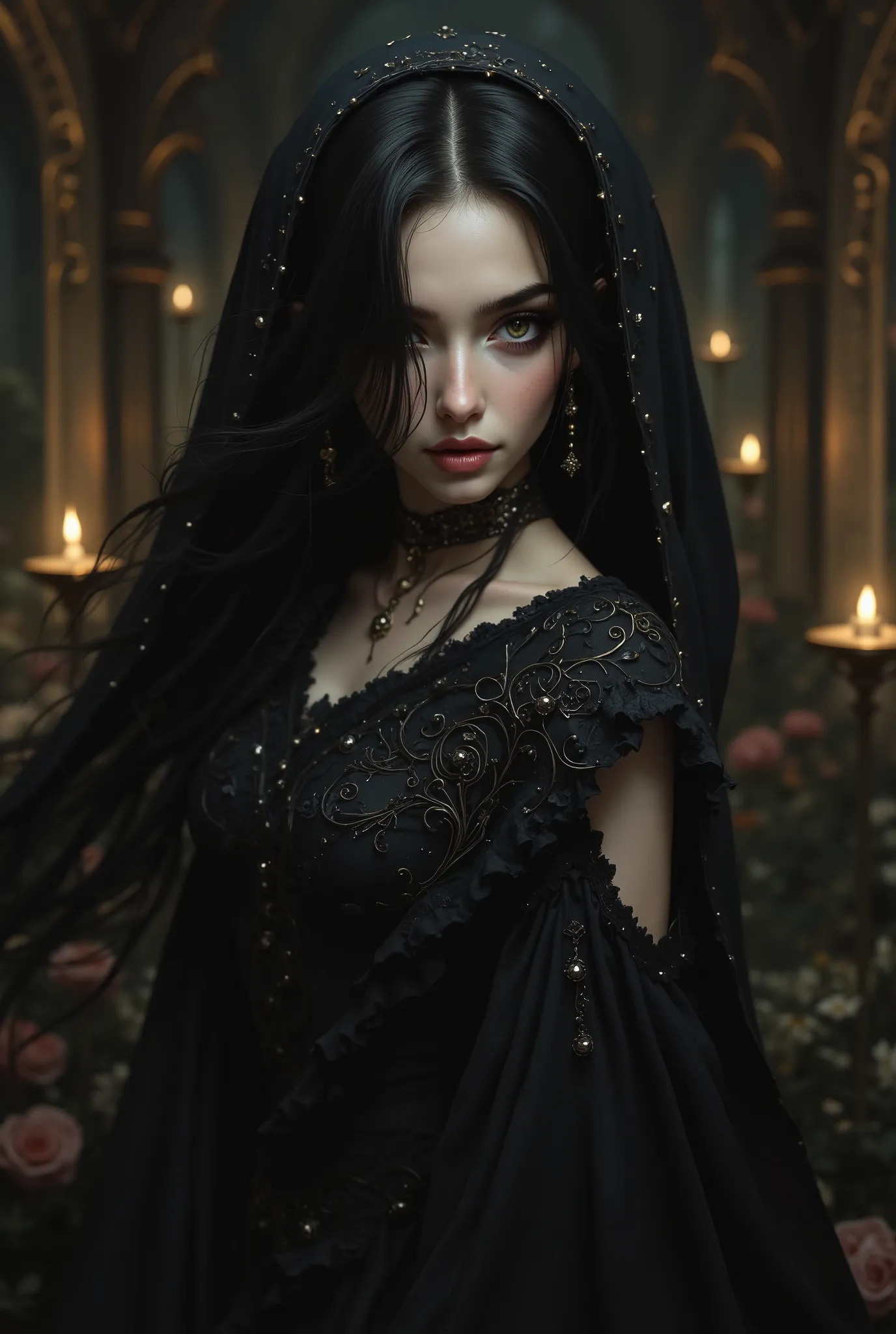 masterpiece, top quality, 1girl, alone, round pupils, long hair, princess, black dress, fantasy, happy, watchingviewer, cinematic lighting, dramatic lighting, highly detailed, digital painting, intricate details, photorealistic, octane render, 8k, hyperrea...