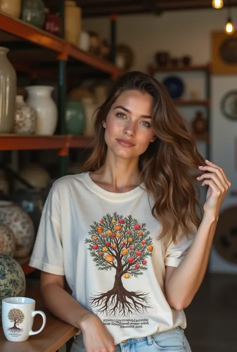 Very nice warehouse ,  store with many products and with printed t-shirts , Vases, caps and a pretty model showing a t-shirt with the following print and also next to a table a mug with the same design: “Raíces de mujer” 🌿🌺
🔹 Ilustración: A woman with her ...