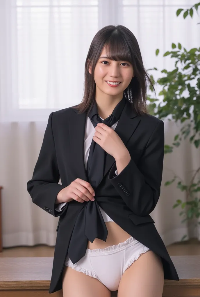 High quality images of cute Japanese women、one beautiful woman、looking at camera、smile、The upper body is a black single suit、I'm tightening my tie、I only wear underwear on my lower body、white panties、Beautiful white thighs、