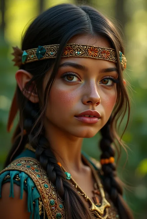 a girl of Native American blood, beautiful detailed eyes, beautiful detailed lips, extremely detailed face, long eyelashes, traditional Native American clothing, intricate beadwork and jewelry, striking facial features, intense expression, surrounded by lu...