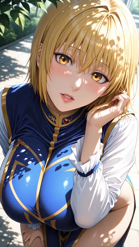 masterpiece, best quality, amazing quality, very aesthetic, high resolution, ultra-detailed, absurdres, newest, 1woman, solo, Kurapika, (kurapika costumes),blue tabard, huge breasts, sagyy breasts, large ass, thick thighs, head tilt, leaning forward, looki...