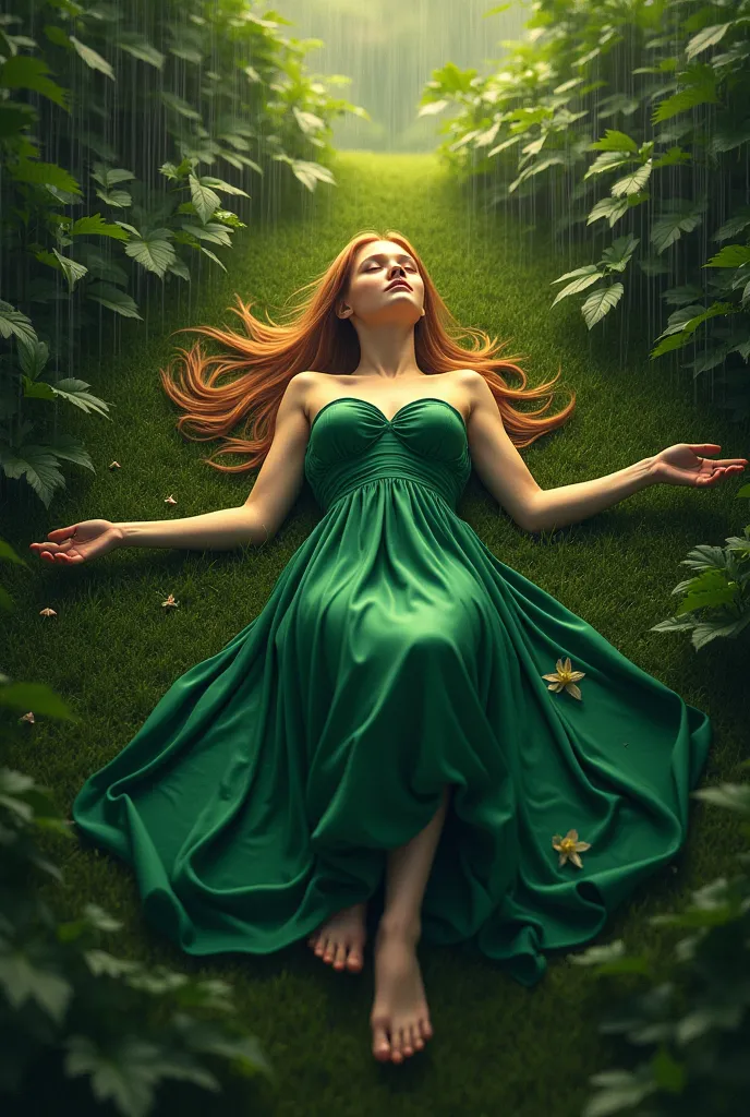 A young woman laying on her back arms spread out on the forest ground. Her hair light strawberry blonde silk straight hangs stopping just above her shoulders, her skin tan from days in the sun. It’s pouring rain around her. 

Her dress blended in with the ...