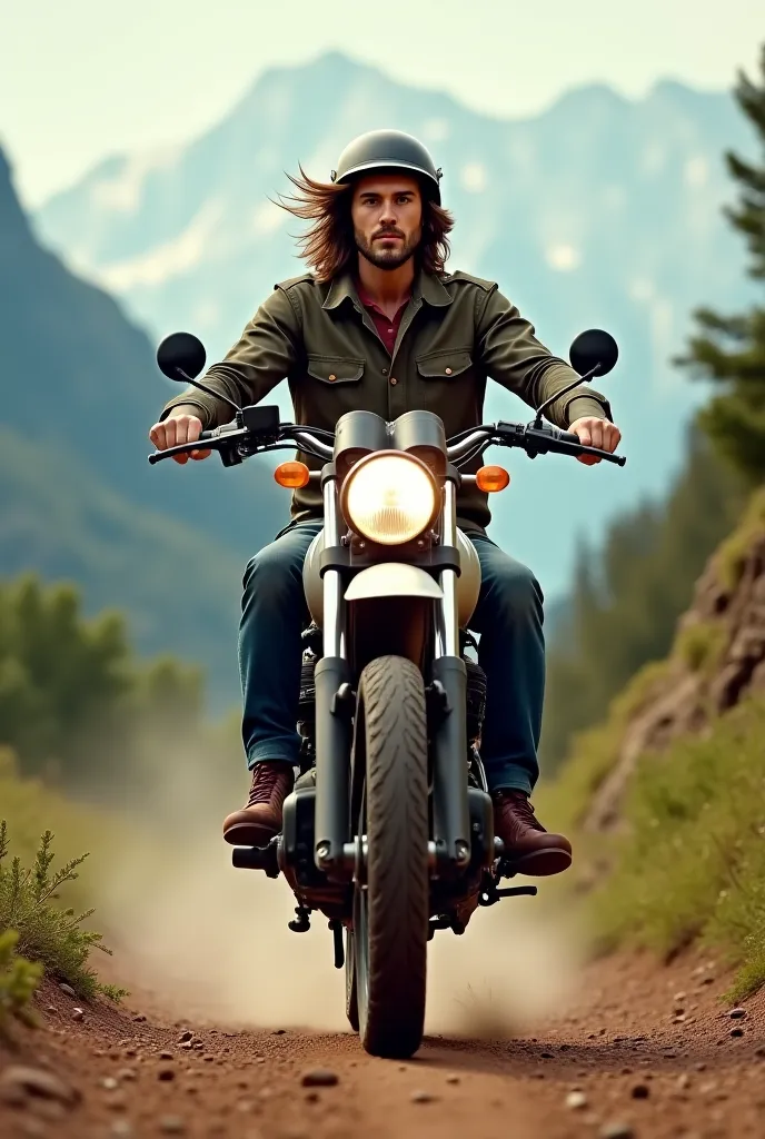 Create an image of a man with long hair on a riding enduro bike, But give that person a classic helmet, without the visor closed 