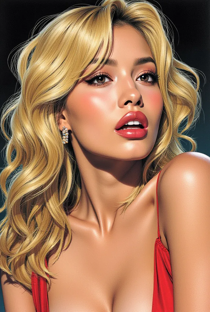 beautiful sexy face blonde hair  [Miss:Maud Adams:0.1] climax, Her mouth is big, in her bedroom, realistic color comic illustration，heavily influenced by Don Lawrence style