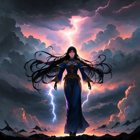 (masterpiece:1.3, best quality:1.3, ultra detailed:1.2)
(thunder goddess:1.4, beautiful young girl:1.4, divine being:1.3)
(standing on swirling clouds:1.4, above the world:1.3, aerial view:1.2)
(full body shot:1.2, heroic pose:1.3, looking down:1.1)
(long ...