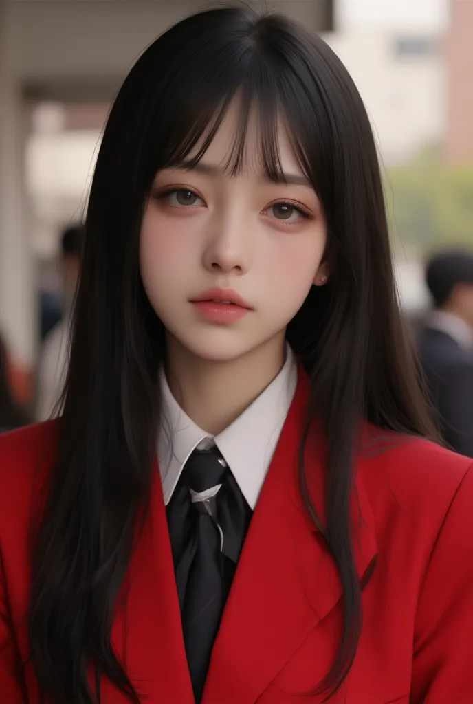 long black hair, blushing, shy, timid, red uniform with black accents, Hyperrealism, film grain, bokeh, Sony FE, masterpiece, high quality, high details