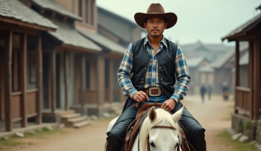 A realistic and cinematic scene of an Asian cowboy wearing a brown cowboy hat, a blue and white checkered shirt, a black leather vest, blue jeans, black leather chaps, brown boots, and a large belt with a buckle. He is riding a white horse in an old town s...