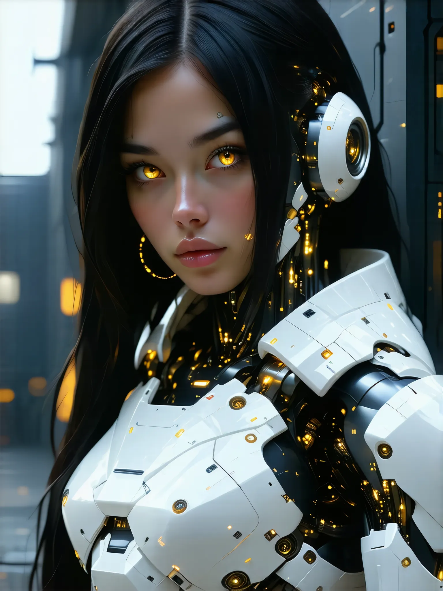 Cyborg girl, beautiful face, long black hair, golden glowing eyes, perfect body, white body armor, mechanical, Cyberpunk background, sexy, seductive, high detail, masterpiece.