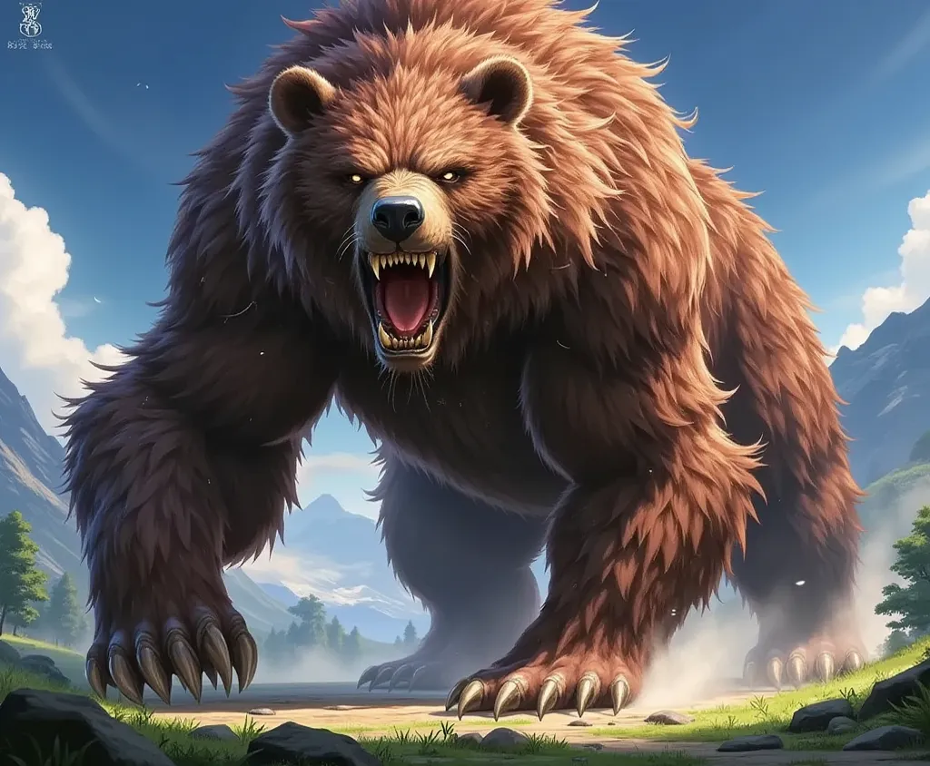 Make a monster bear for an RPG world, Anime style with little realism