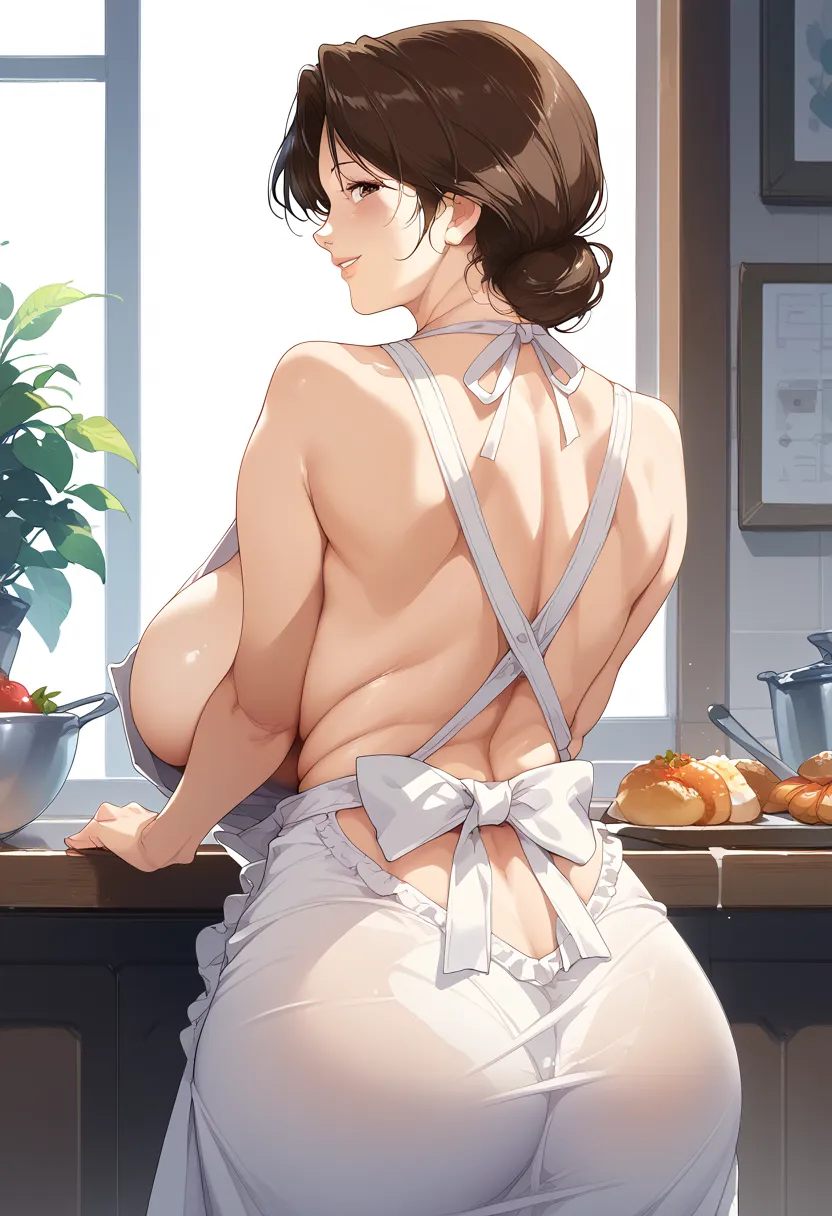 masterpiece,High Resolution,Top Quality,8k
(Mitsuko Shindo,mature woman,huge breast)

(naked apron)

smile,back view