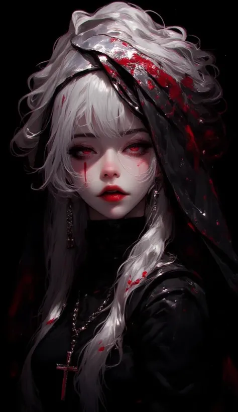 absurdres,(best quality),(masterpiece),(ultra-detailed:1.2),(photorealistic:1.1),(highres)cloak,1girl,solo,long hair,red eyes,white hair,hair over one eye,looking at viewer,red lips,sweater,upper body,turtleneck,makeup,blood,eyelashes,black sweater,blood o...