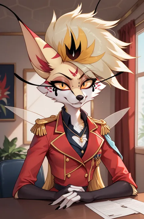 One girl, thin slender body, middle chest, ((QueenB)), anthropomorphic furry fox, yellow eyes, furry woman, ((epaulettes on the shoulders)), elbow pads, shining,  belt, ((red military uniform)), (( red pants )), ((Mohawk hairstyle)), ((rank general)), ((ai...