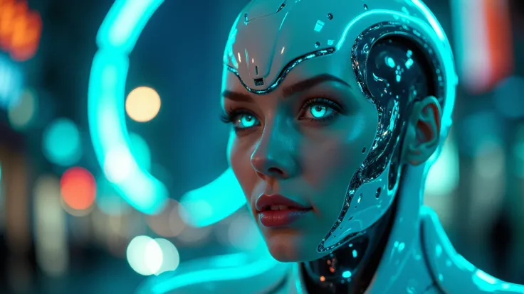 "A futuristic bio-robot woman with a sleek metallic face, glowing neon circuits seamlessly embedded into her porcelain-like skin, a halo of soft blue light around her head, and piercing, luminescent teal eyes. Her expression is serene, blending humanity wi...