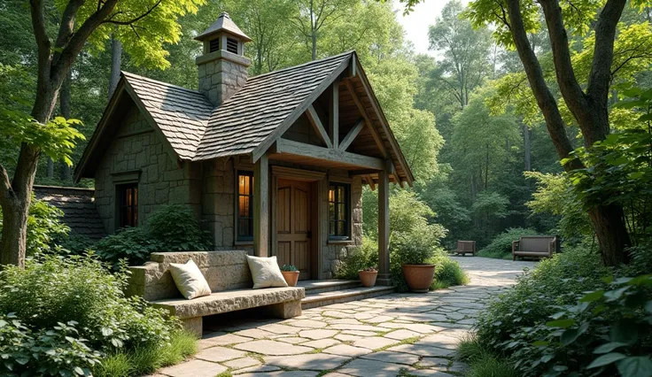 A **small yet elegant stone cottage nestled within a forest clearing, featuring a vibrant garden bursting with wildflowers and soft greenery**. A **stone bench with decorative pillows sits near the entrance, offering a cozy spot to enjoy the serene surroun...