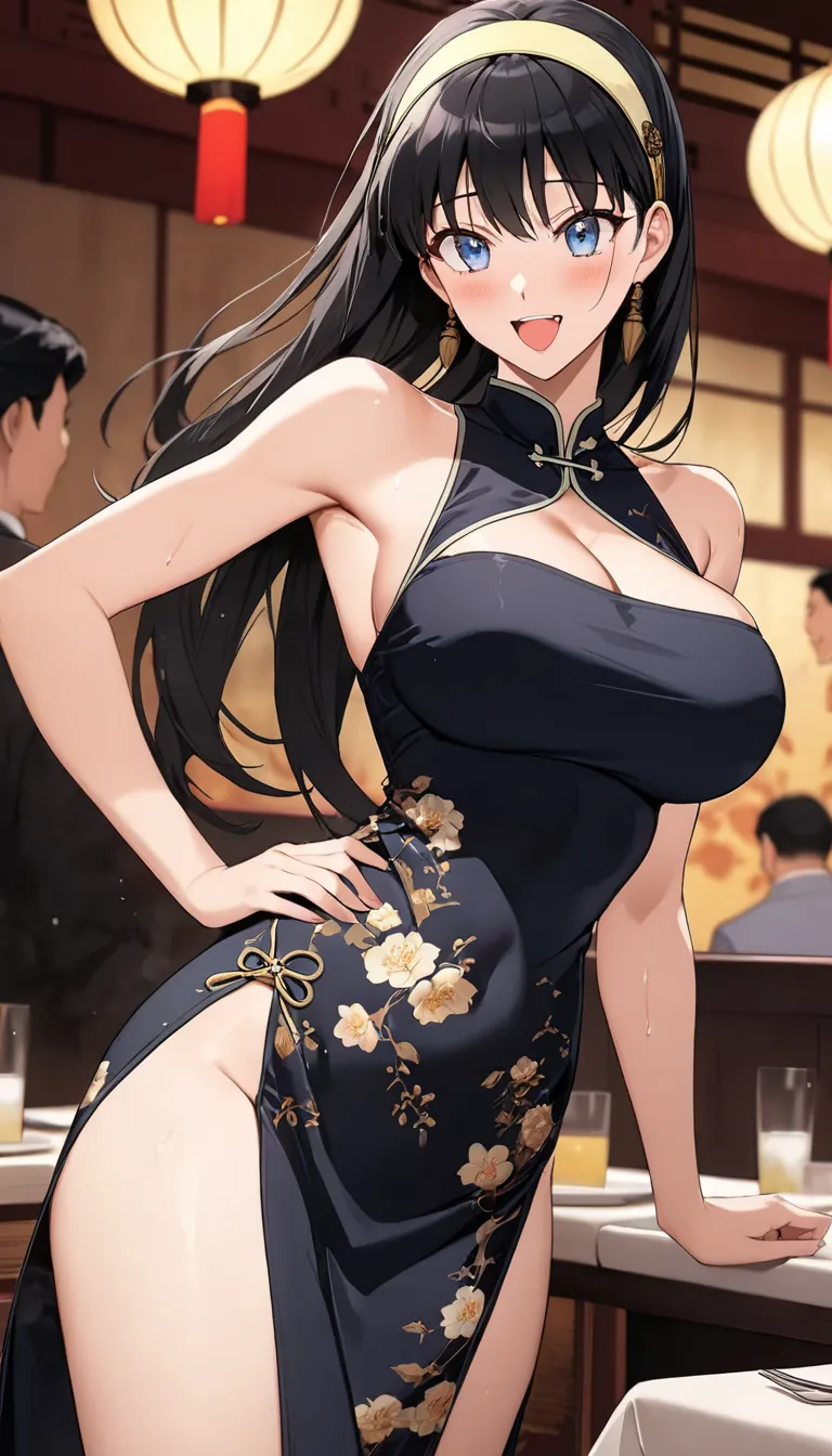  masterpiece, top quality, high image quality,16k,Official Art,super  Thorough skin, Thorough,  animated images for animations , (your Briar:1.3),1990s \( style\),(black china dress :1.3)、(beautiful F cup breasts)、Big Breasts, done, cleavage, (is tall:1.2)...