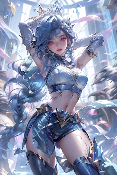 full body display、A world of swords and magic、Adventurer Girl、One girl、A girl around 、Heavy Armor,、Blue Skin、Blue Skin、Blue Hair、I wear a sports bra because I have large breasts.、Big eyes、Sharp eyes、Attractive face、masterpiece, high quality, feet, stop tem...