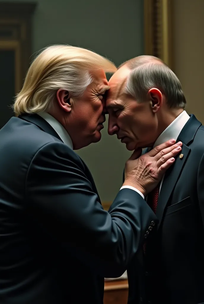 Donald trump bending over putin from behind as he whispers in his ear